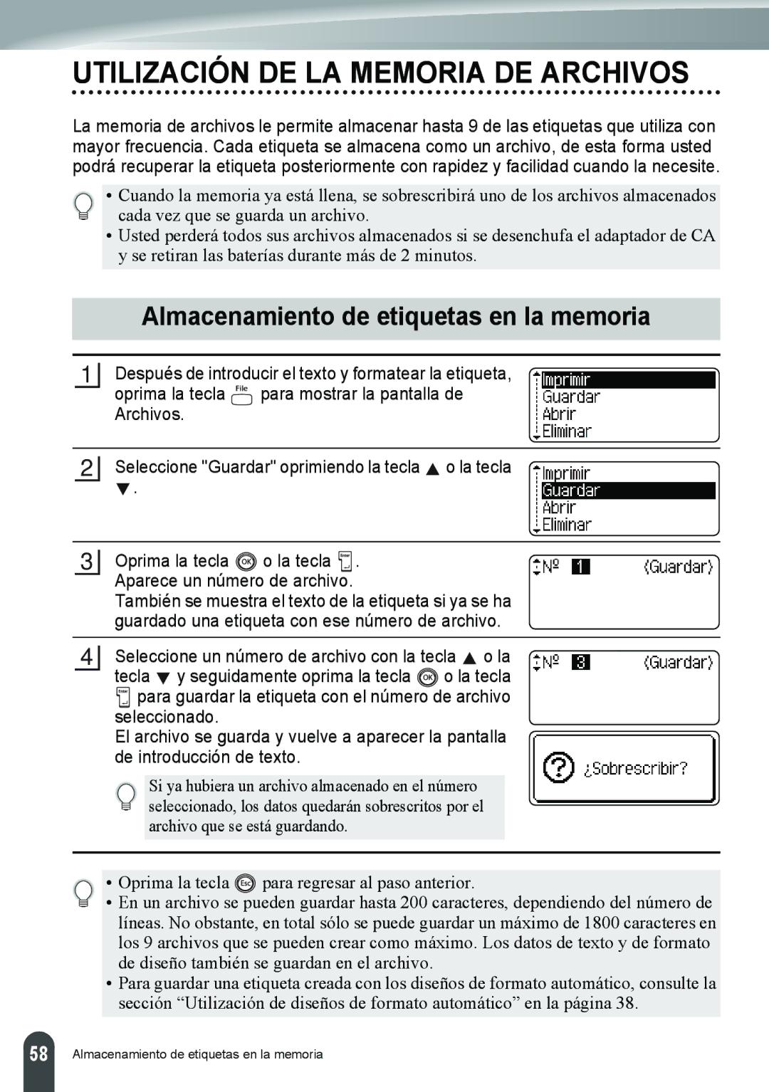 Brother PT-2110, PT-2100 manual Utilización DE LA Memoria DE Archivos, Almacenamiento de etiquetas en la memoria 