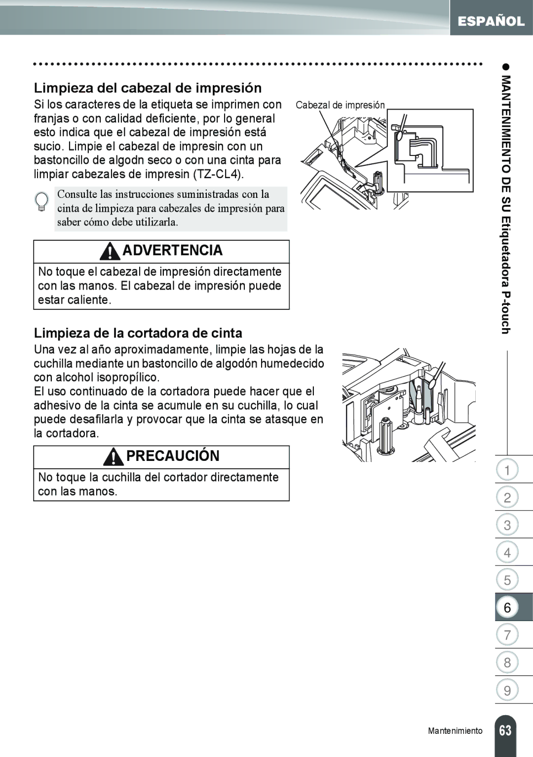 Brother PT-2100, PT-2110 manual Limpieza del cabezal de impresión, Limpieza de la cortadora de cinta 