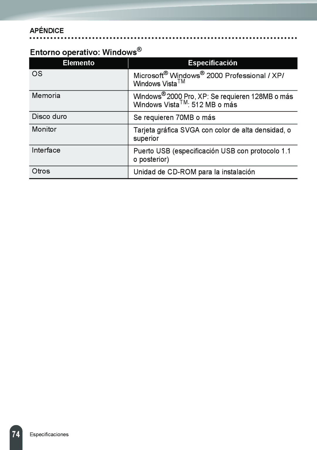 Brother PT-2110, PT-2100 Entorno operativo Windows, Microsoft Windows 2000 Professional / XP, Windows VistaTM, Memoria 