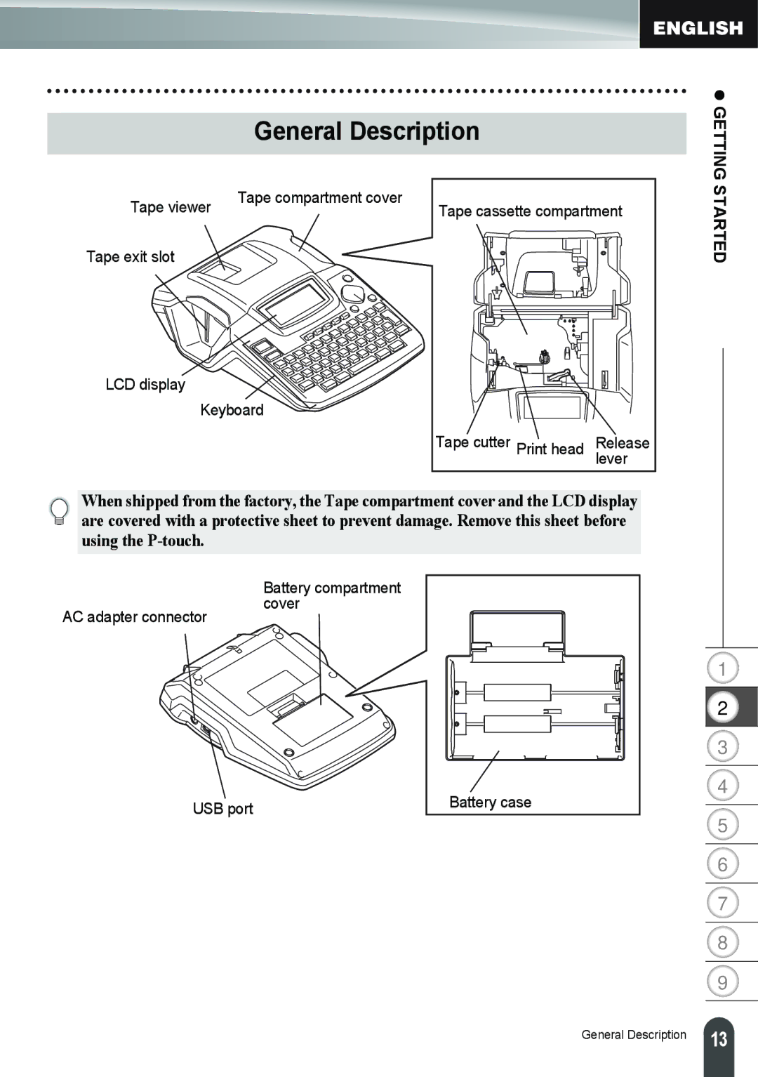 Brother PT-2100, PT-2110 manual General Description, Getting Started 