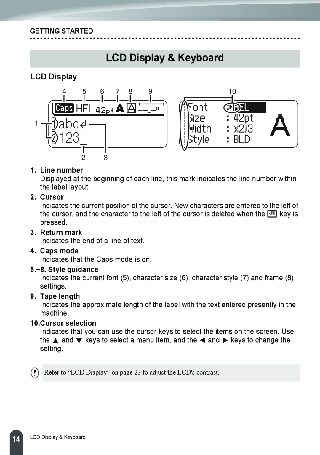 Brother PT-2110, PT-2100 manual LCD Display & Keyboard 