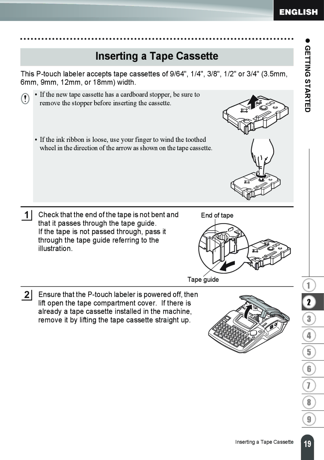 Brother PT-2100, PT-2110 manual Inserting a Tape Cassette, Check that the end of the tape is not bent 