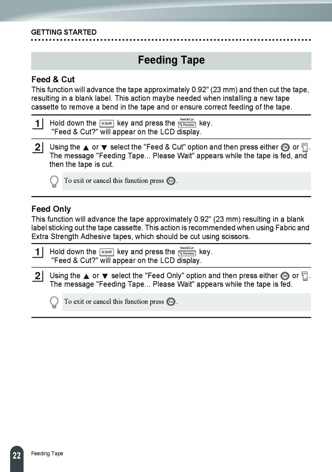 Brother PT-2110, PT-2100 manual Feeding Tape, Feed & Cut, Feed Only 