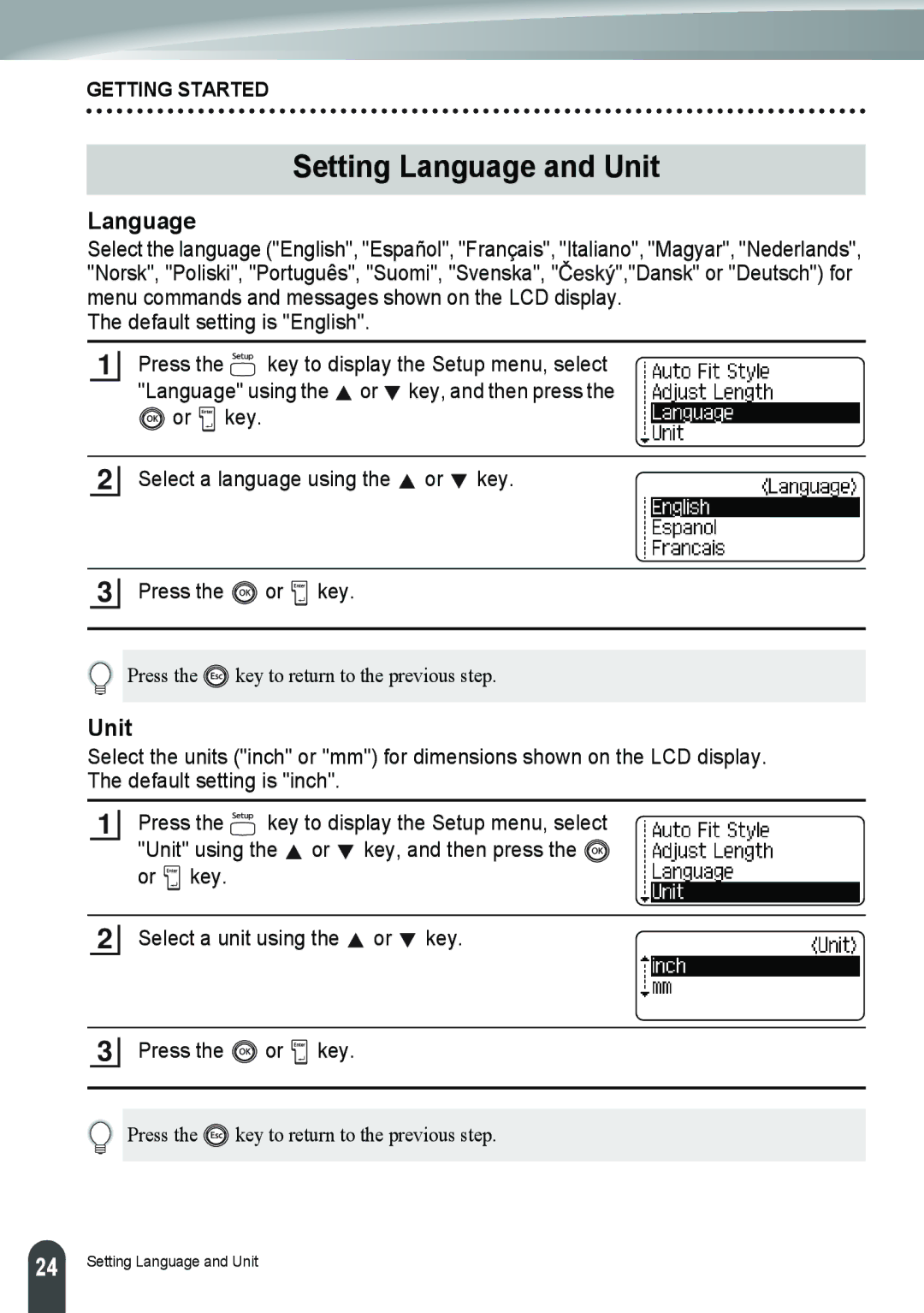 Brother PT-2110, PT-2100 manual Setting Language and Unit 