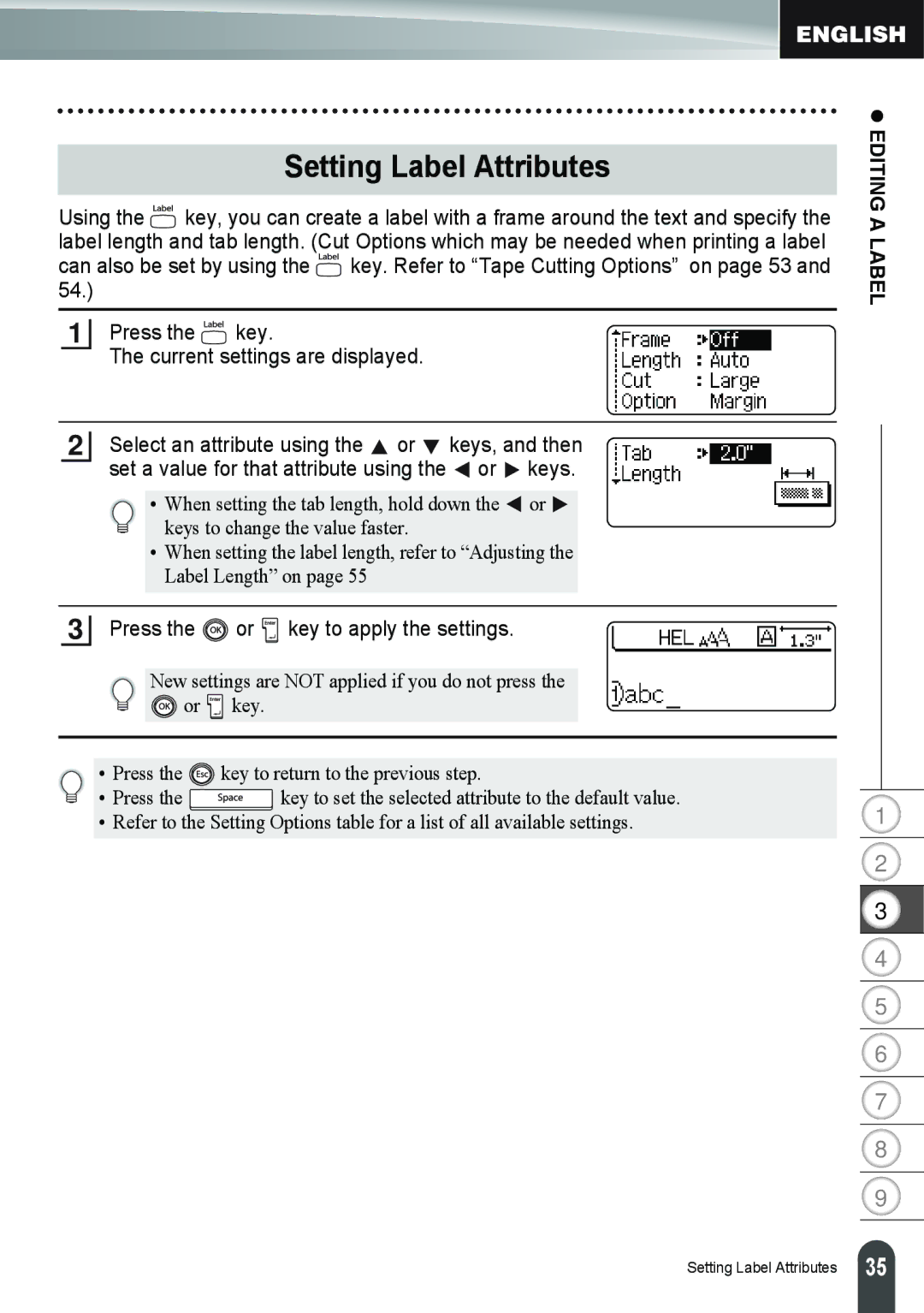 Brother PT-2100, PT-2110 manual Setting Label Attributes, Press the or key to apply the settings 