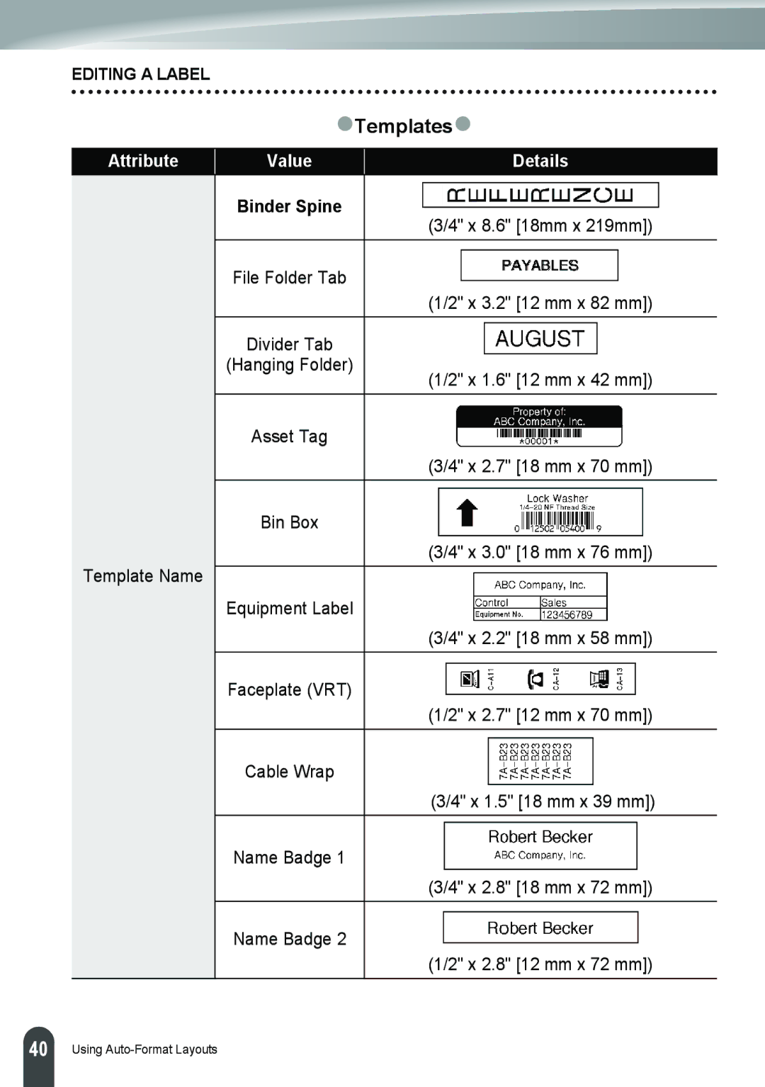 Brother PT-2110, PT-2100 manual ZTemplatesz, Attribute Value Details, Template Name, Binder Spine 