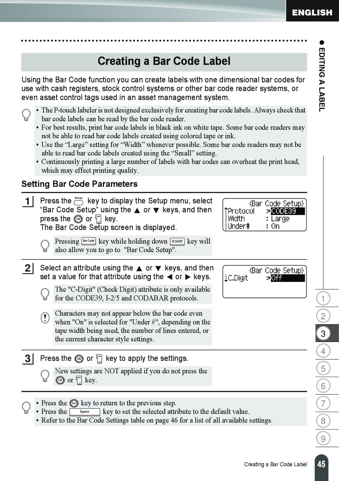 Brother PT-2100, PT-2110 manual Creating a Bar Code Label, Setting Bar Code Parameters 