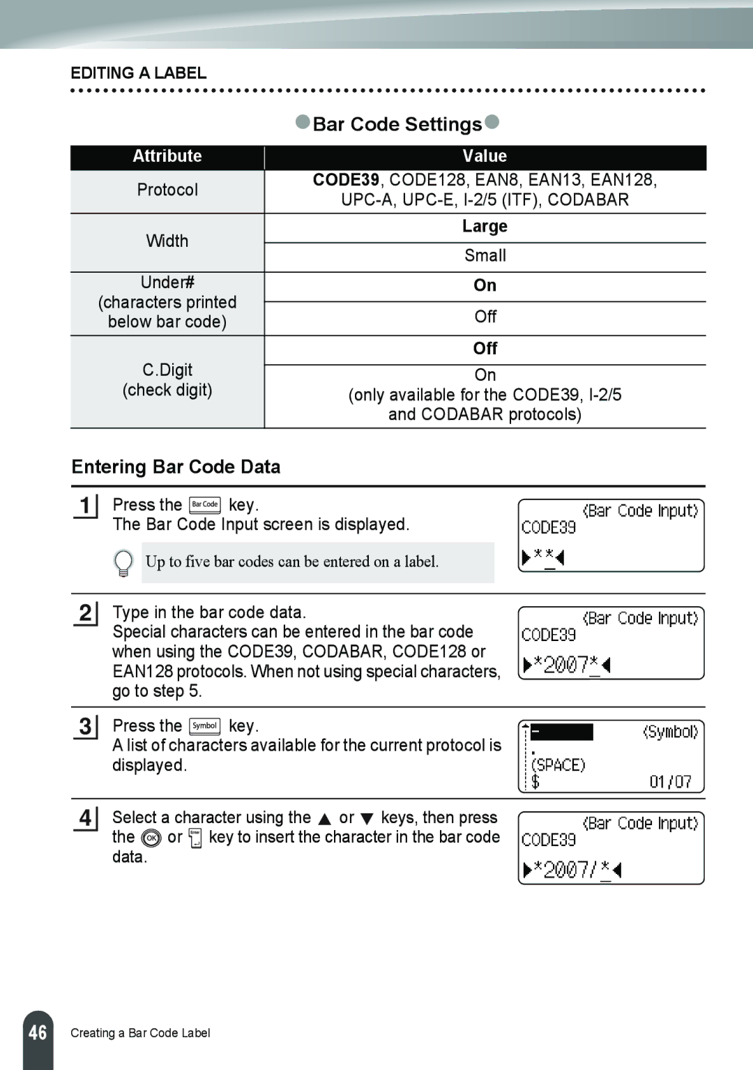 Brother PT-2110, PT-2100 manual ZBar Code Settingsz, Entering Bar Code Data 