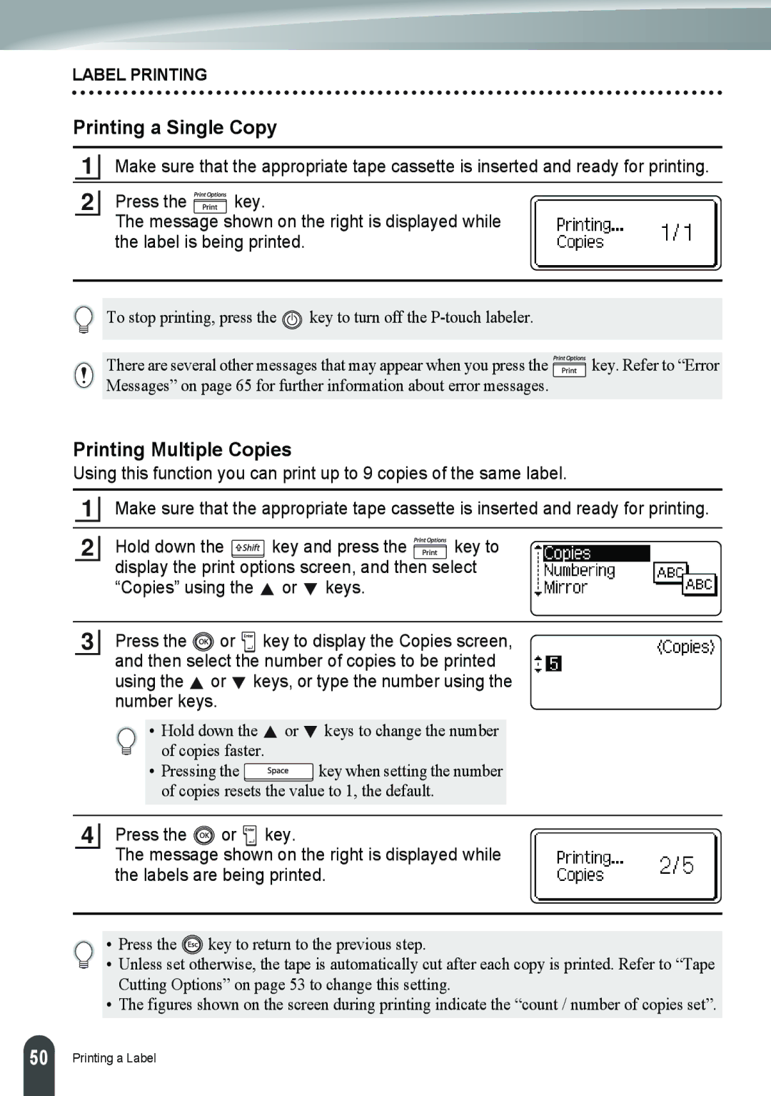 Brother PT-2110, PT-2100 manual Printing a Single Copy, Printing Multiple Copies 