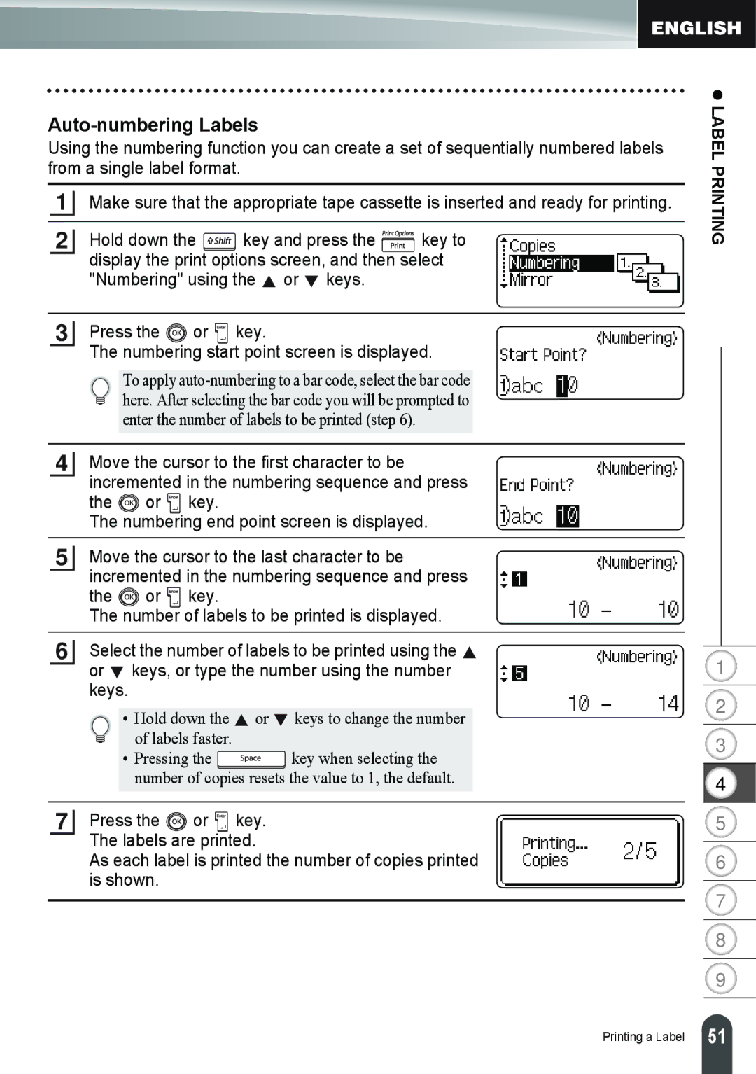 Brother PT-2100, PT-2110 manual Auto-numbering Labels 