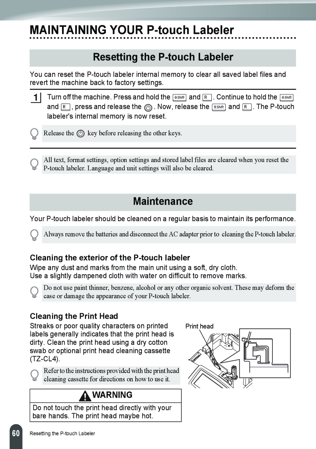 Brother PT-2110, PT-2100 manual Resetting the P-touch Labeler, Maintenance, Cleaning the exterior of the P-touch labeler 