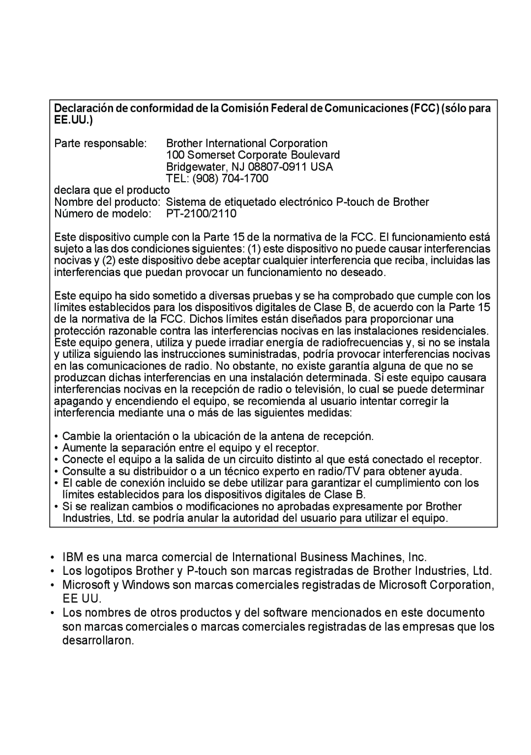 Brother PT-2110, PT-2100 manual Parte responsable Brother International Corporation 