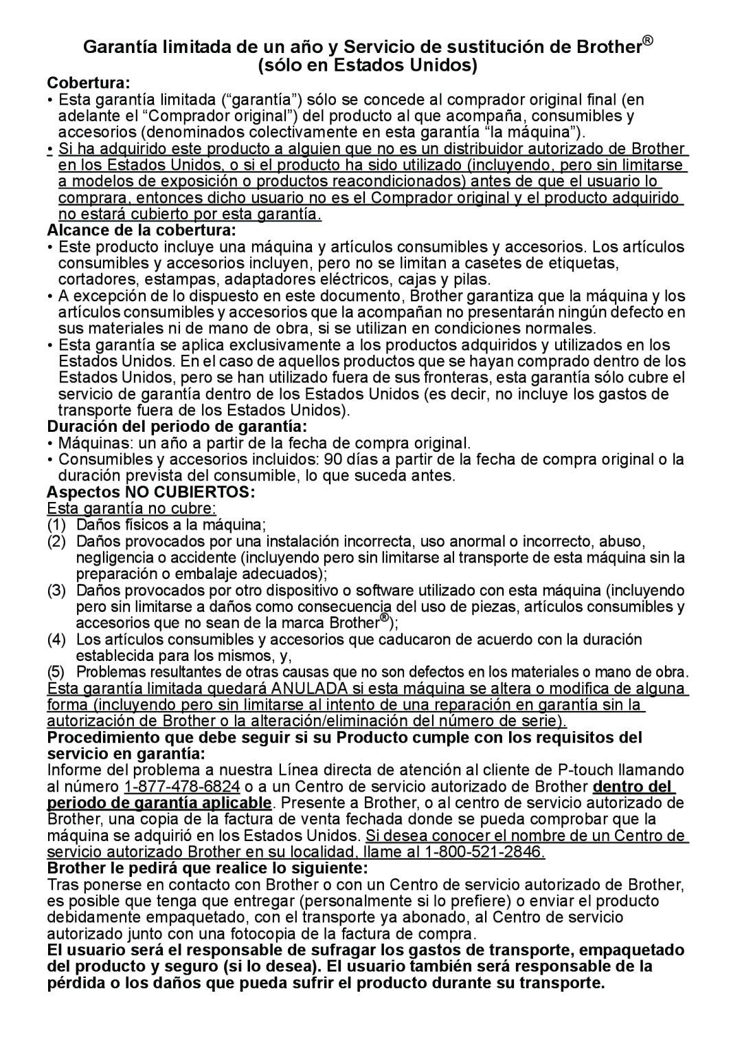 Brother PT-2100, PT-2110 manual Cobertura, Alcance de la cobertura, Duración del periodo de garantía, Aspectos no Cubiertos 