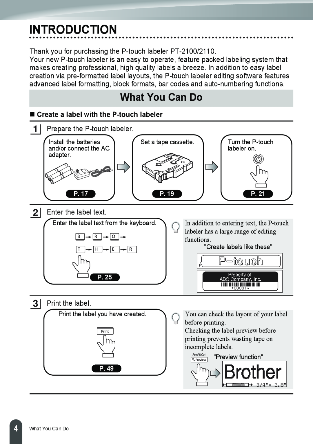 Brother PT-2110, PT-2100 manual Introduction, What You Can Do, „ Create a label with the P-touch labeler 