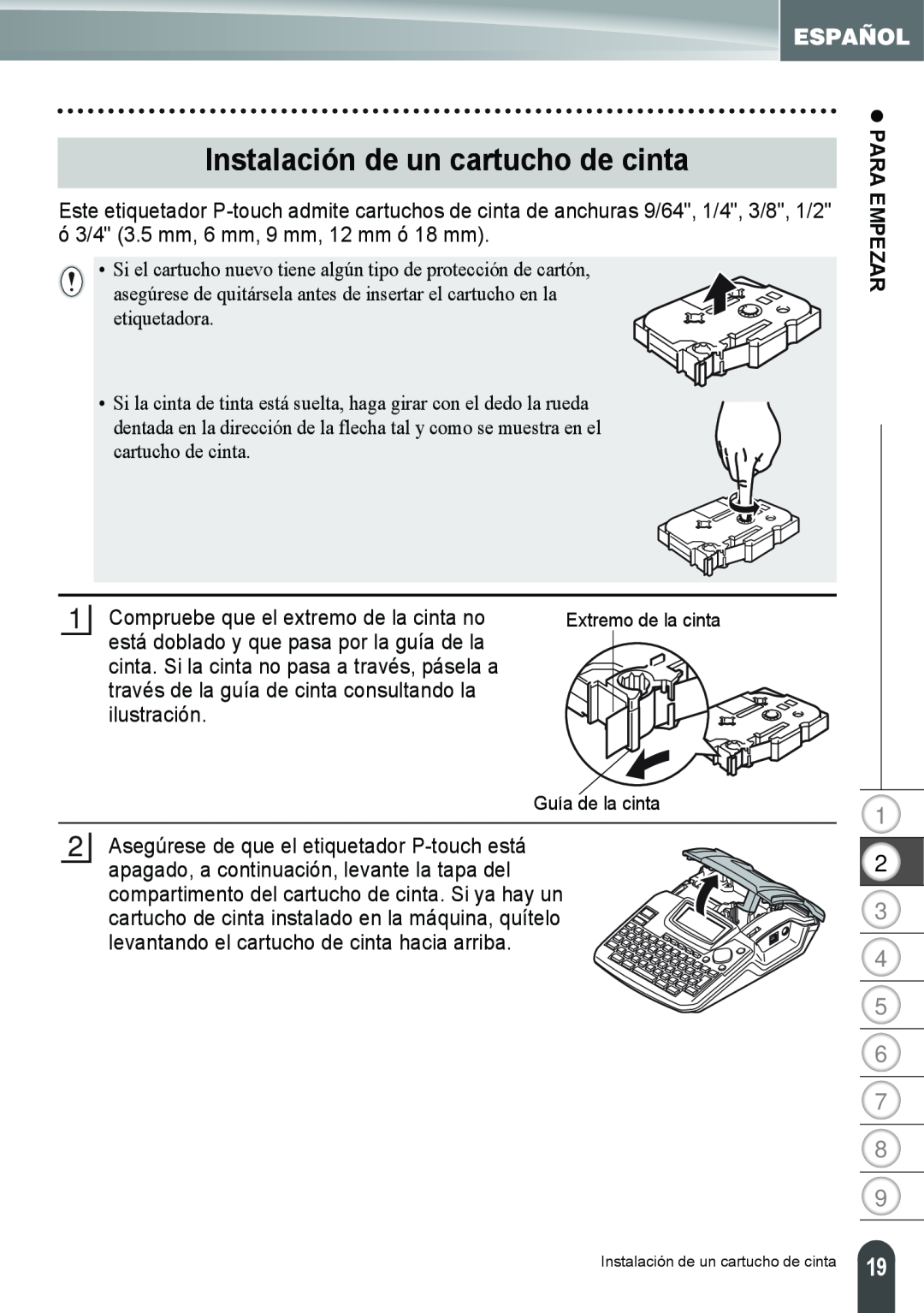 Brother PT-2100, PT-2110 manual Instalación de un cartucho de cinta, z PARA EMPEZAR 
