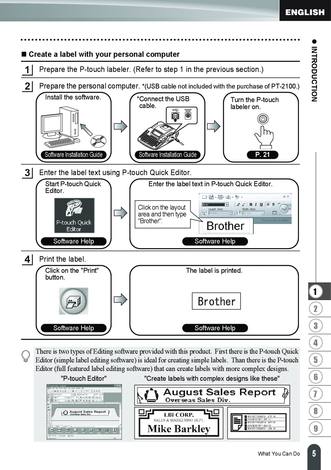 Brother PT-2100 „ Create a label with your personal computer, z INTRODUCTION, Install the software, Connect the USB, cable 