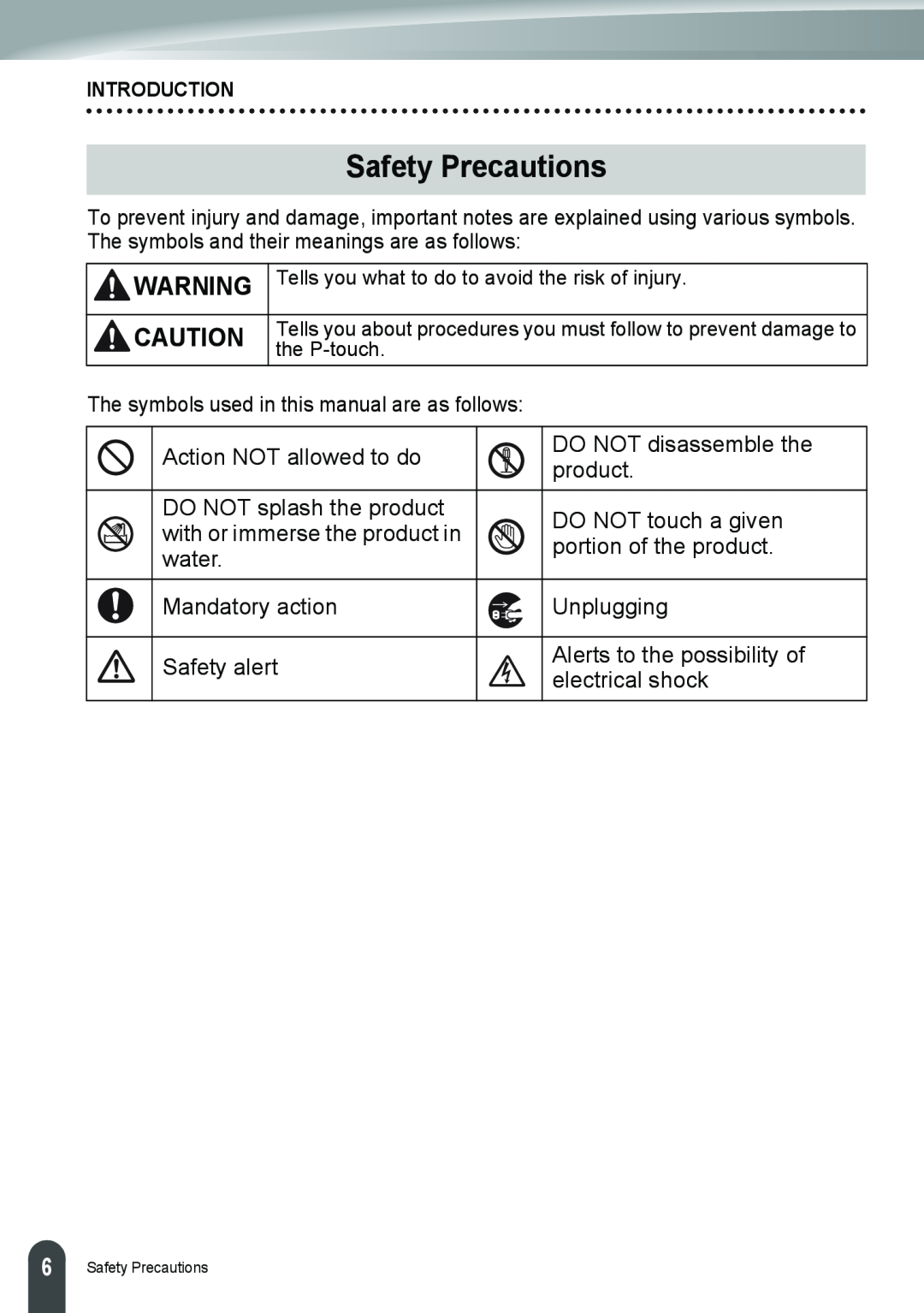 Brother PT-2110, PT-2100 manual Safety Precautions 