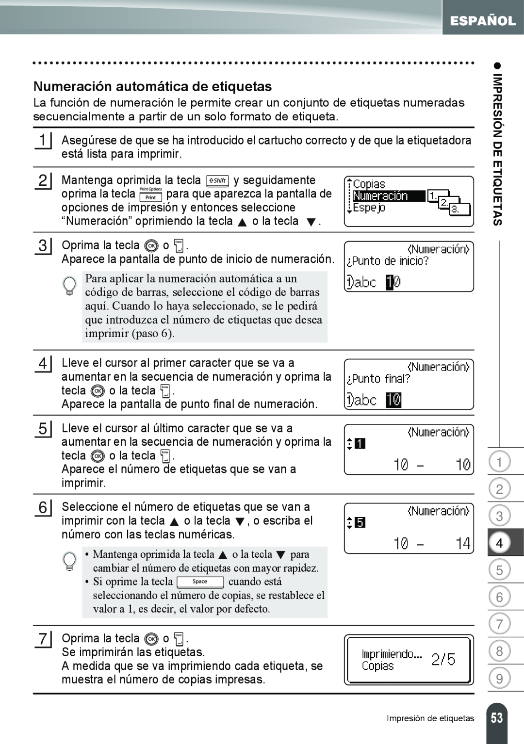 Brother PT-2100, PT-2110 manual Numeración automática de etiquetas, z IMPRESIÓN DE ETIQUETAS 