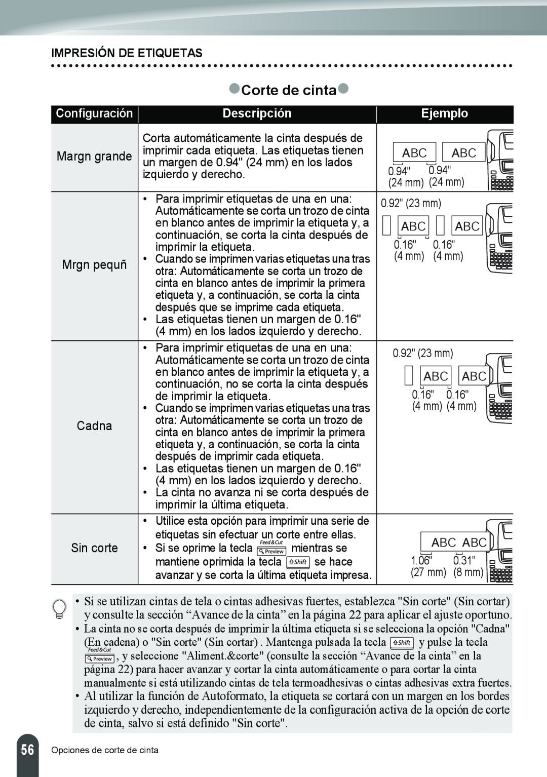 Brother PT-2110, PT-2100 manual zCorte de cintaz, Impresión De Etiquetas, Descripción, Ejemplo 