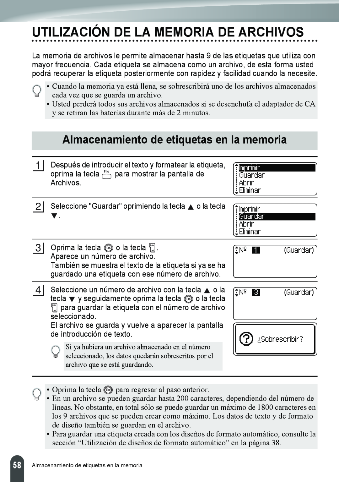 Brother PT-2110, PT-2100 manual Utilización De La Memoria De Archivos, Almacenamiento de etiquetas en la memoria 