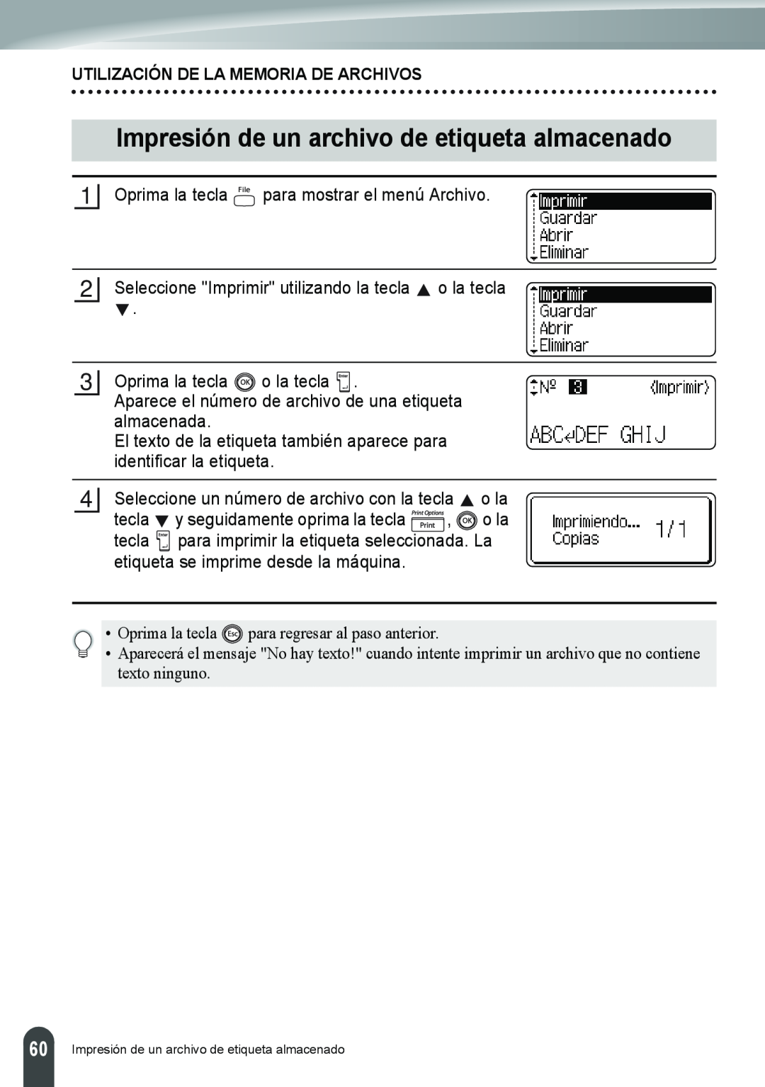 Brother PT-2110, PT-2100 manual Impresión de un archivo de etiqueta almacenado, Utilización De La Memoria De Archivos 
