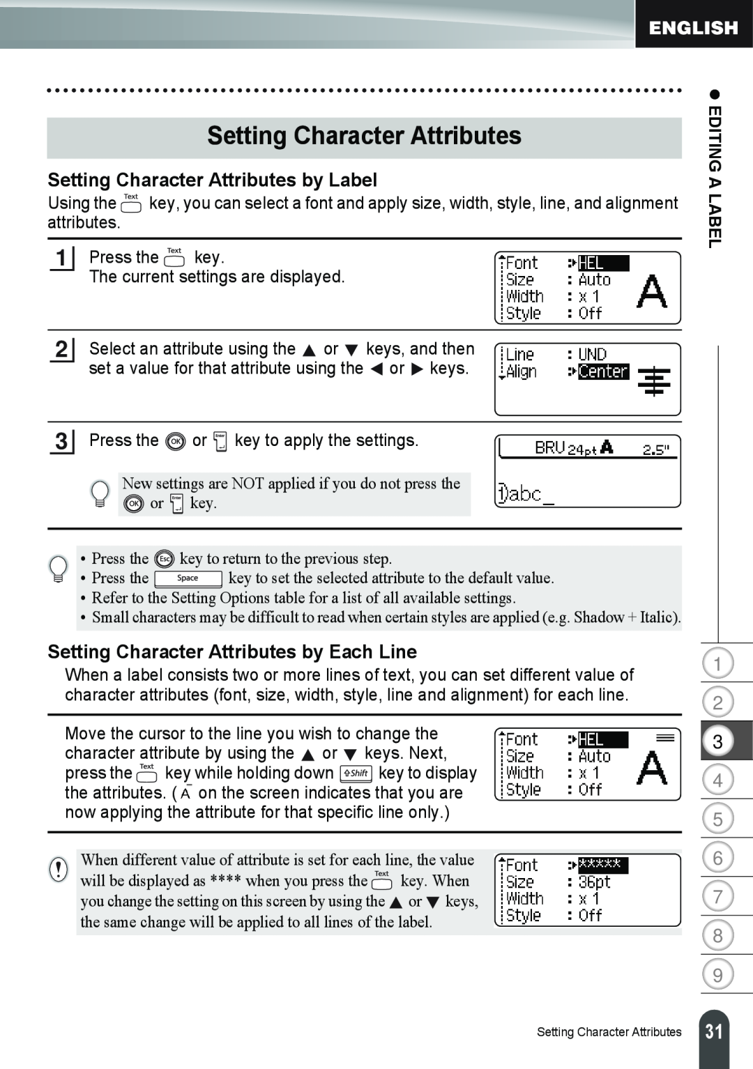 Brother PT-2100 Setting Character Attributes by Label, Setting Character Attributes by Each Line, z EDITING A LABEL 