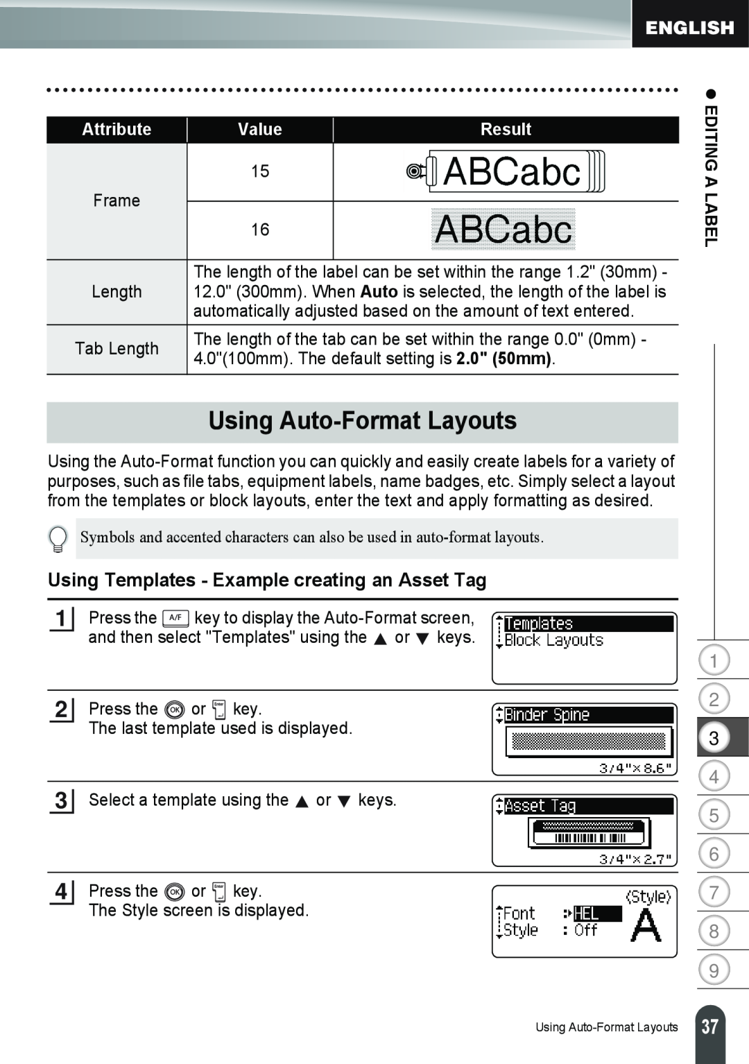 Brother PT-2100 manual Using Auto-Format Layouts, Using Templates - Example creating an Asset Tag, Attribute, Value, Result 
