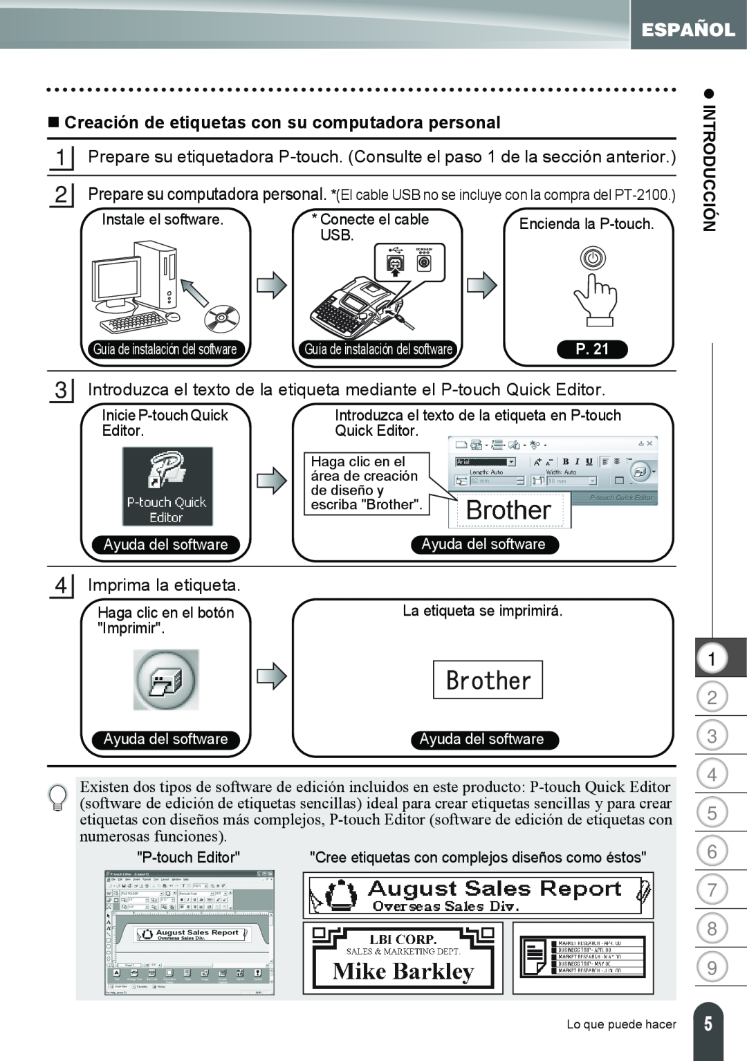 Brother PT-2100 „ Creación de etiquetas con su computadora personal, z INTRODUCCIÓN, Instale el software, Conecte el cable 