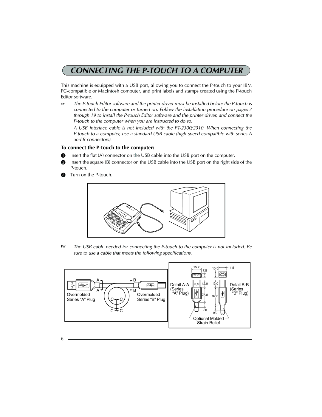 Brother PT-2300 manual Connecting the P-TOUCH to a Computer, To connect the P-touch to the computer 
