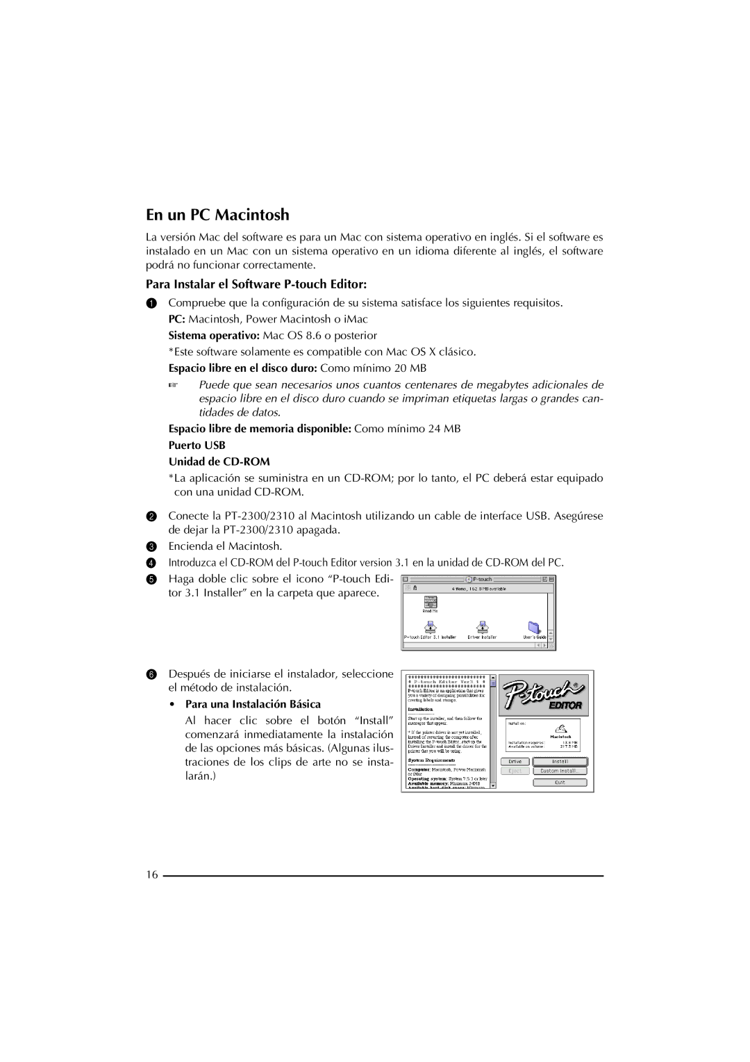 Brother PT-2300 manual En un PC Macintosh, Para una Instalación Básica 