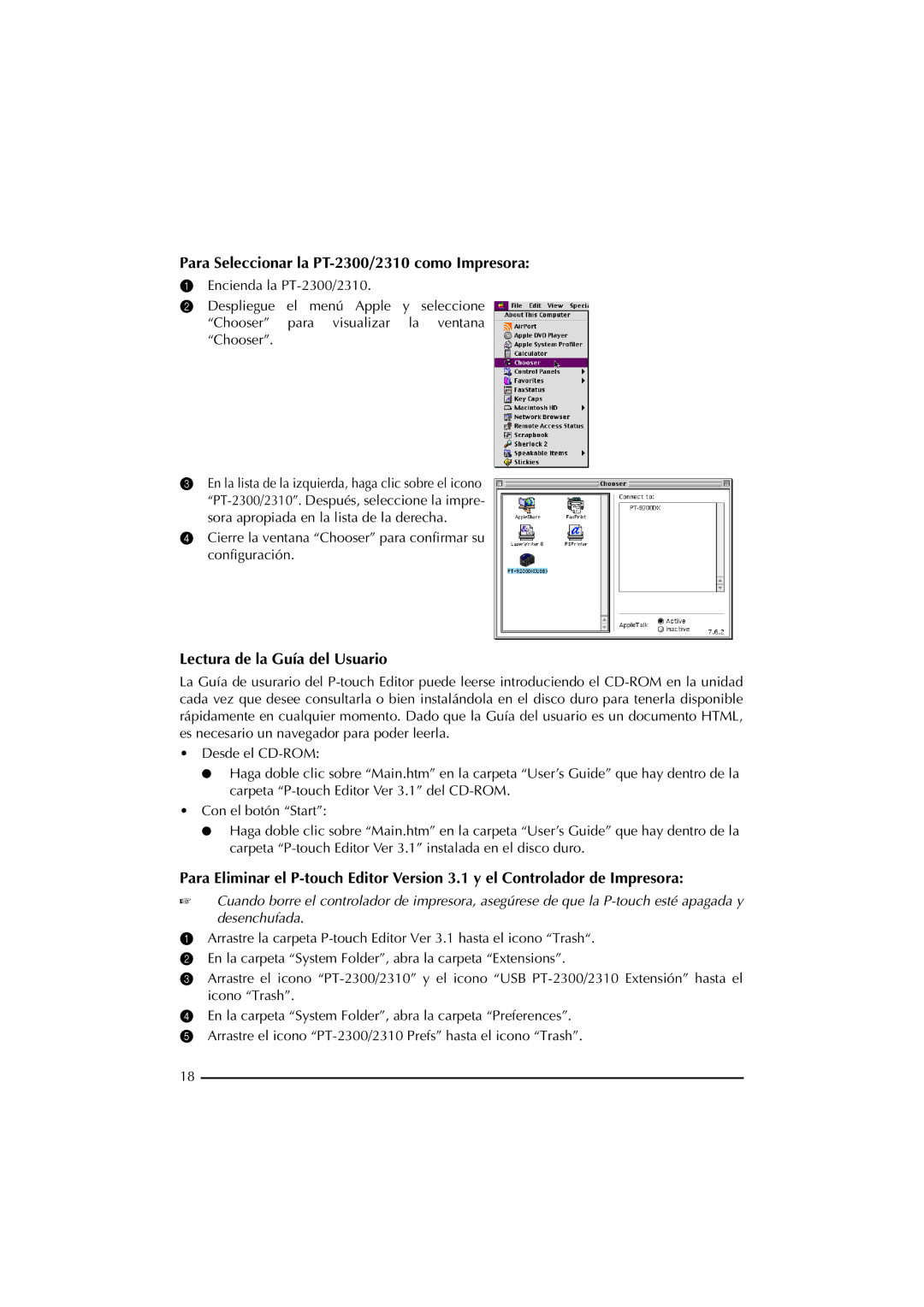 Brother manual Para Seleccionar la PT-2300/2310 como Impresora, Lectura de la Guía del Usuario 