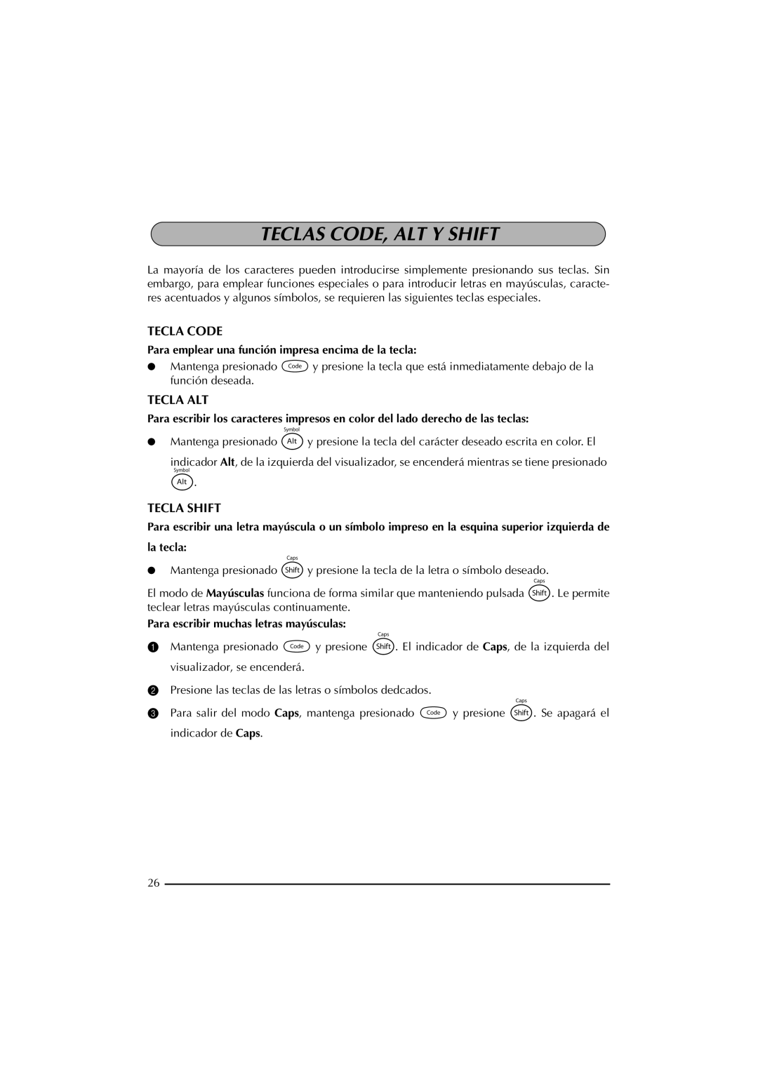 Brother PT-2300 manual Teclas CODE, ALT Y Shift, Tecla Code, Tecla ALT, Tecla Shift 