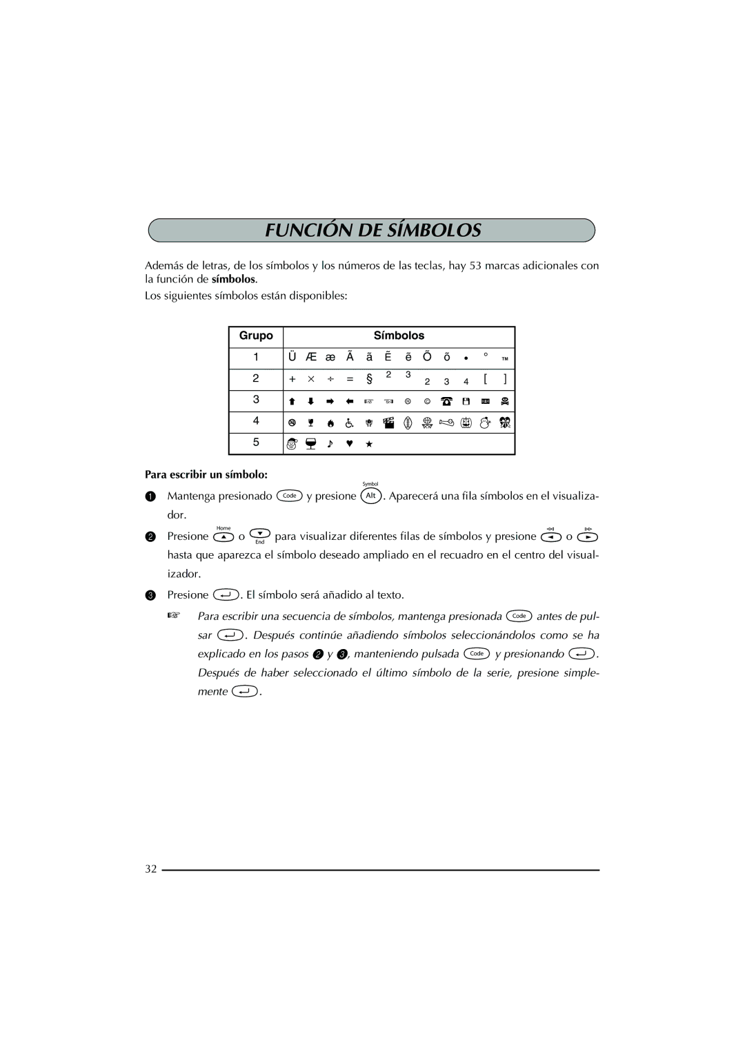 Brother PT-2300 manual Función DE Símbolos, Para escribir un símbolo 