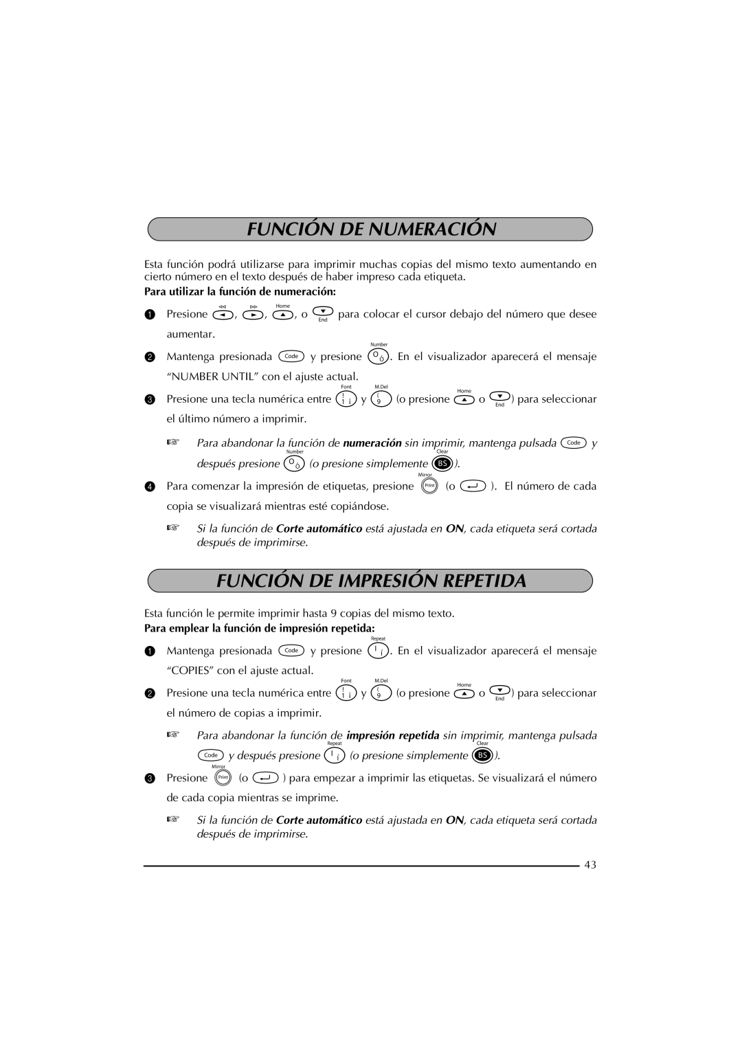 Brother PT-2300 manual Función DE Numeración, Función DE Impresión Repetida, Para utilizar la función de numeración 