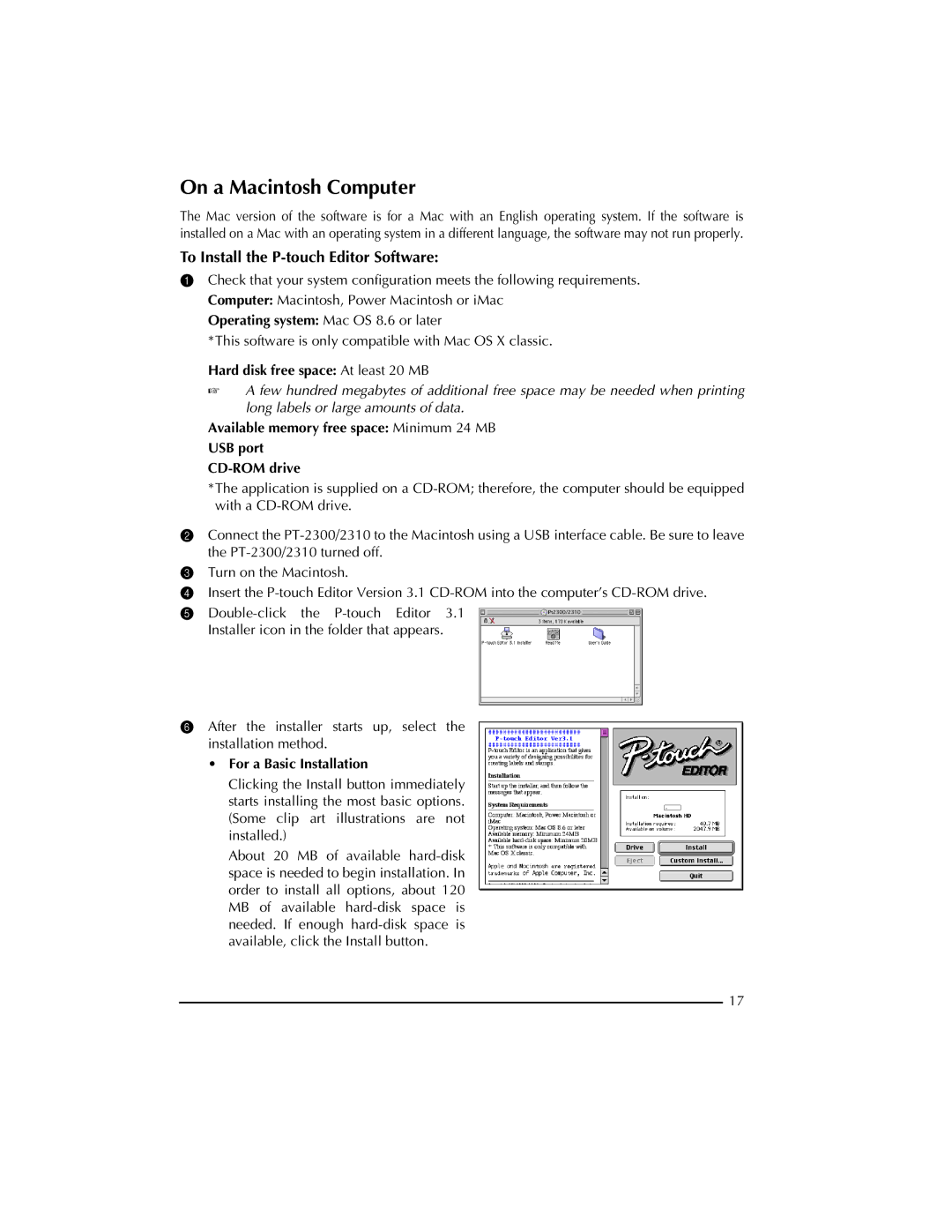 Brother PT-2300 manual On a Macintosh Computer, For a Basic Installation 