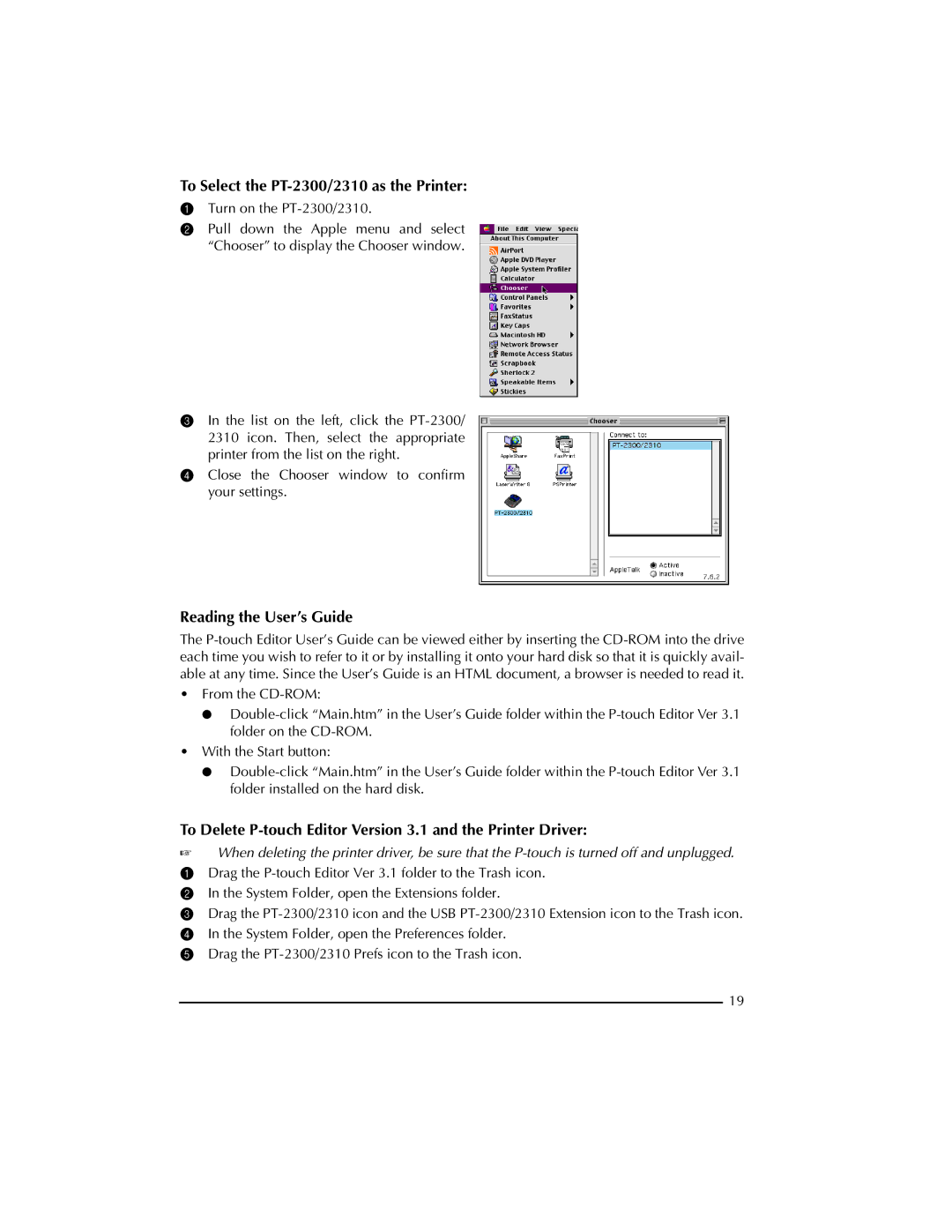 Brother manual To Select the PT-2300/2310 as the Printer, To Delete P-touch Editor Version 3.1 and the Printer Driver 