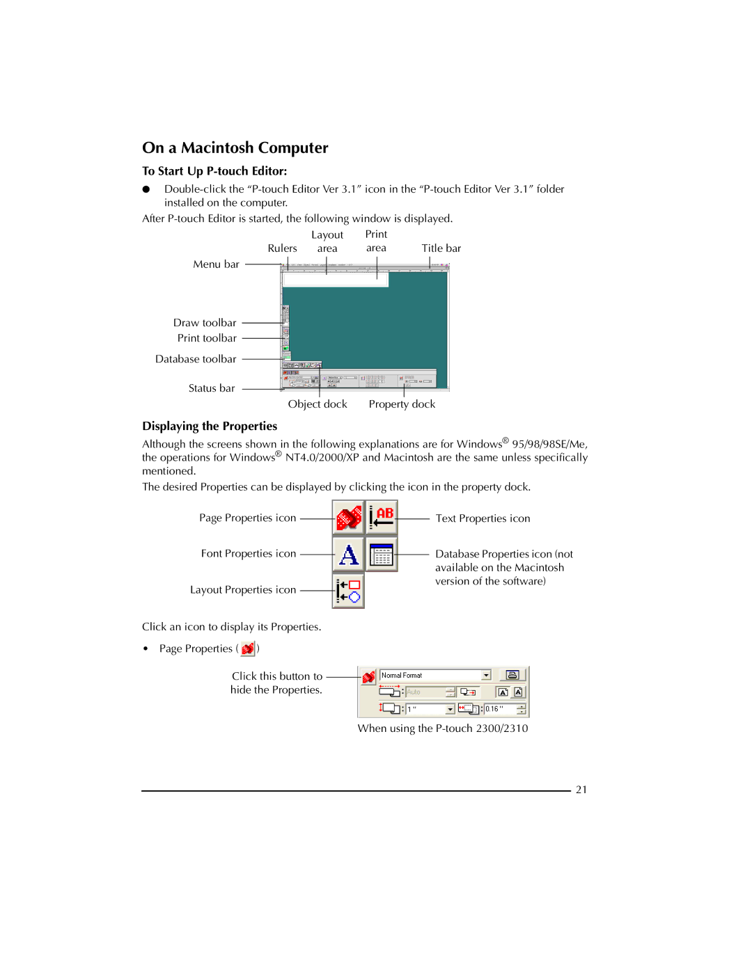 Brother PT-2300 manual Displaying the Properties 