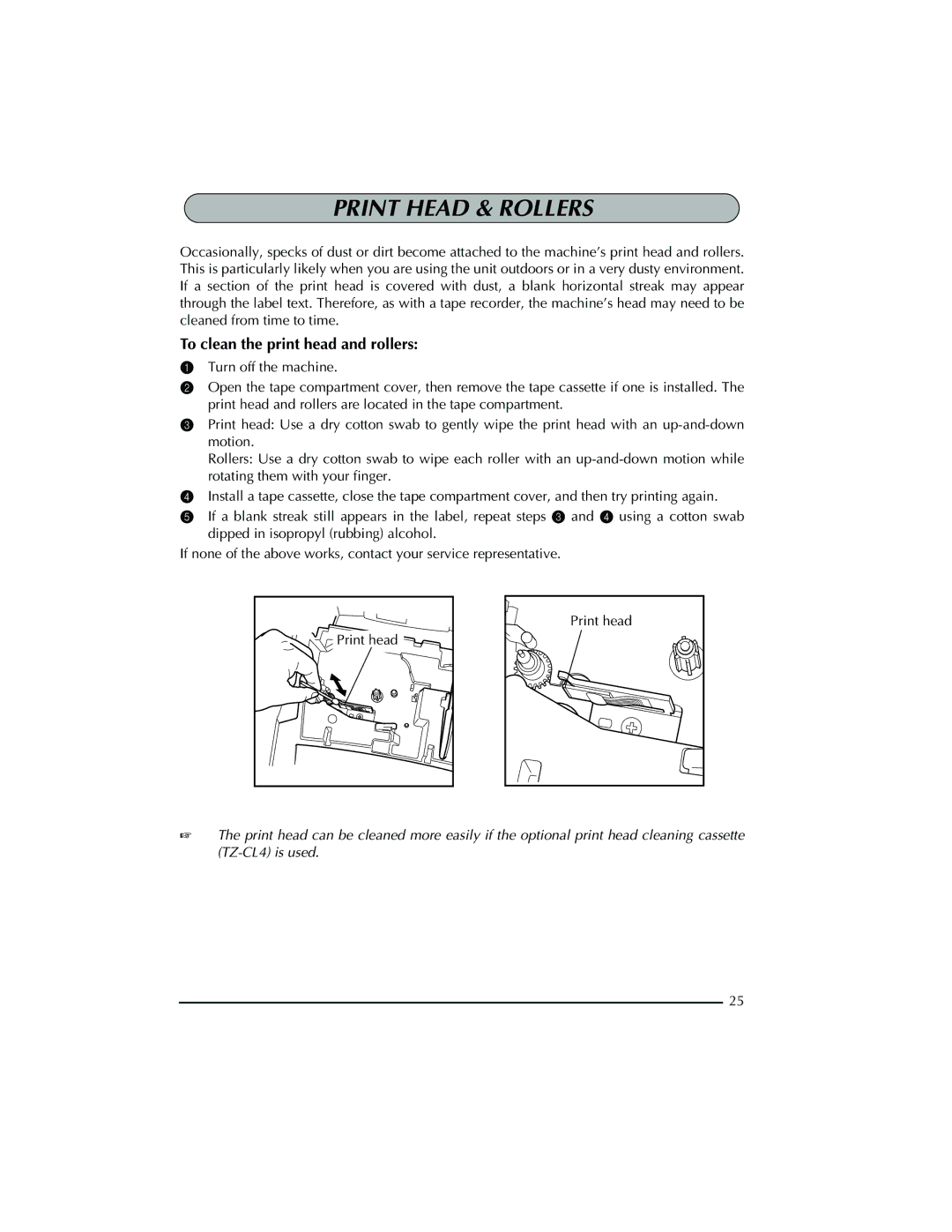 Brother PT-2300 manual Print Head & Rollers, To clean the print head and rollers 