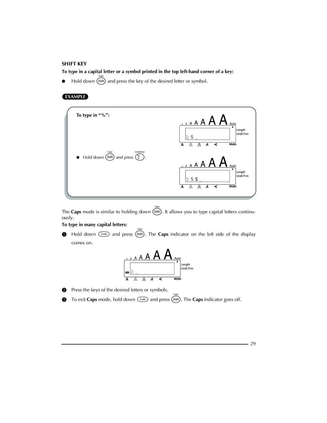 Brother PT-2300 manual Shift KEY, To type in %, To type in many capital letters 