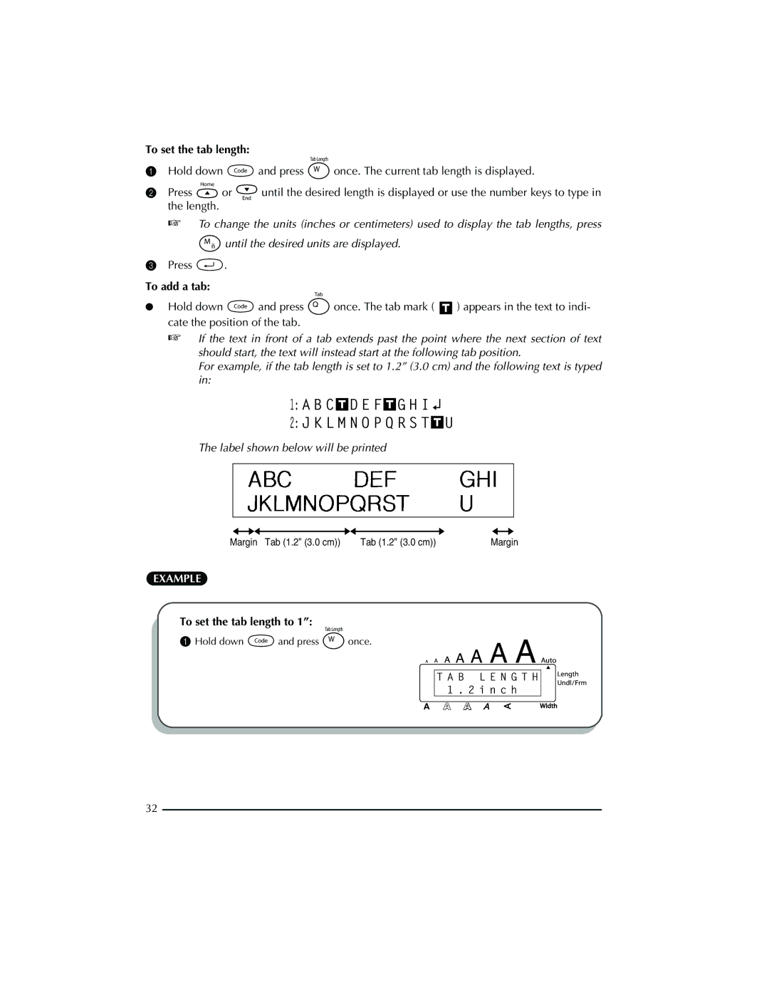 Brother PT-2300 manual To add a tab, To set the tab length to 