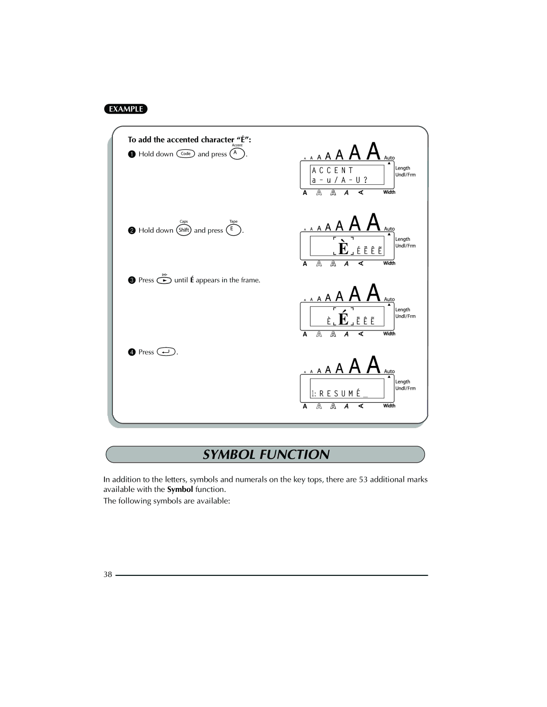 Brother PT-2300 manual Symbol Function, C E N T 