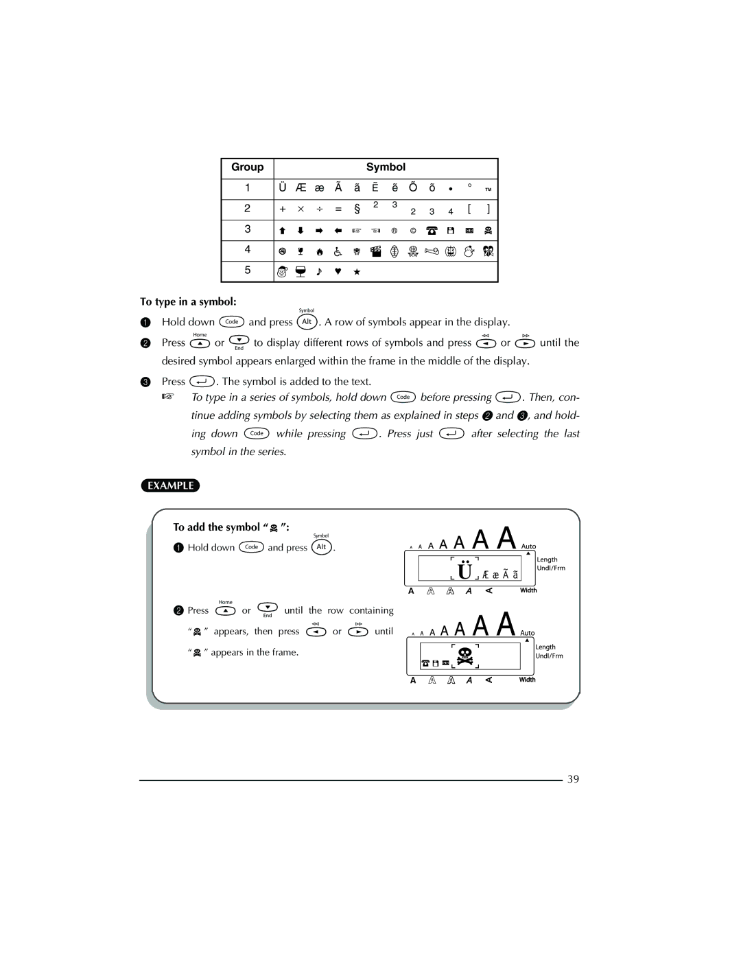 Brother PT-2300 manual To type in a symbol, To add the symbol 