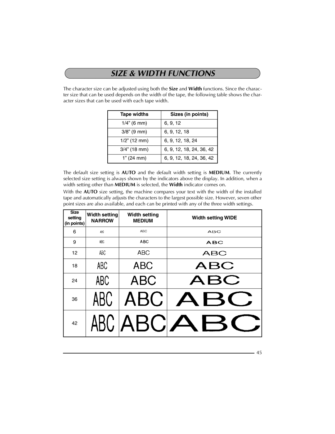 Brother PT-2300 manual Size & Width Functions, Tape widths Sizes in points 