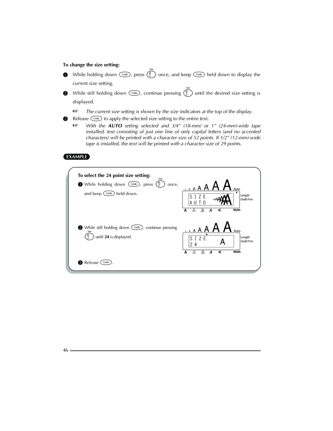 Brother PT-2300 manual To change the size setting, To select the 24 point size setting 