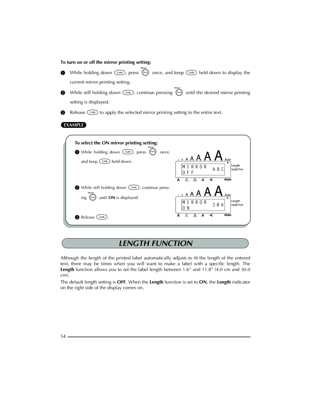 Brother PT-2300 Length Function, To turn on or off the mirror printing setting, To select the on mirror printing setting 