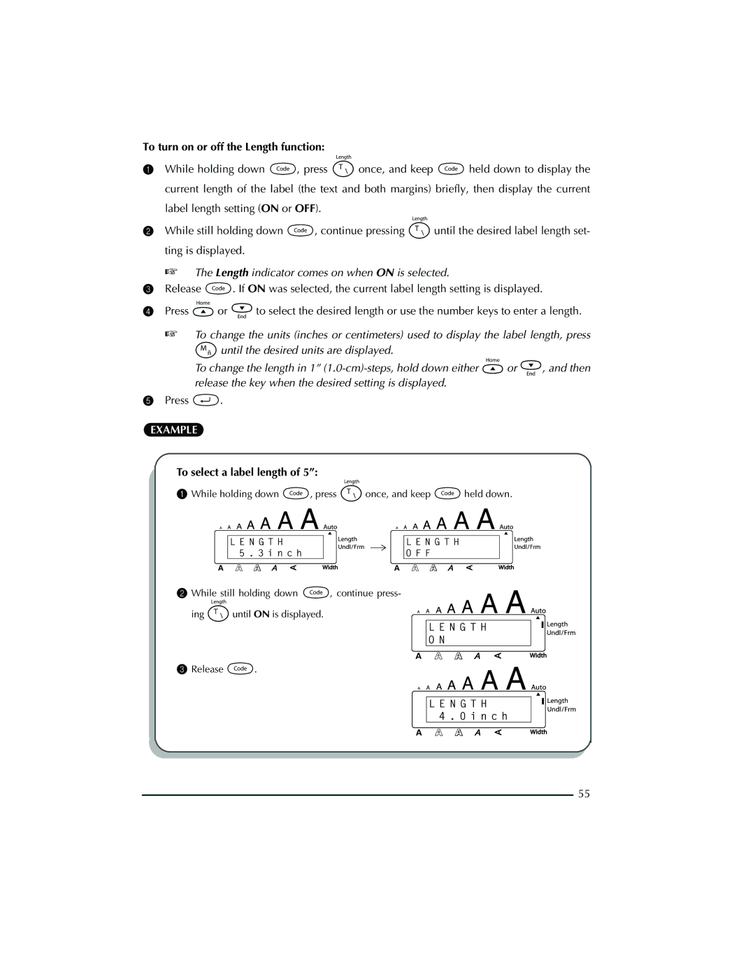 Brother PT-2300 manual To turn on or off the Length function, To select a label length 