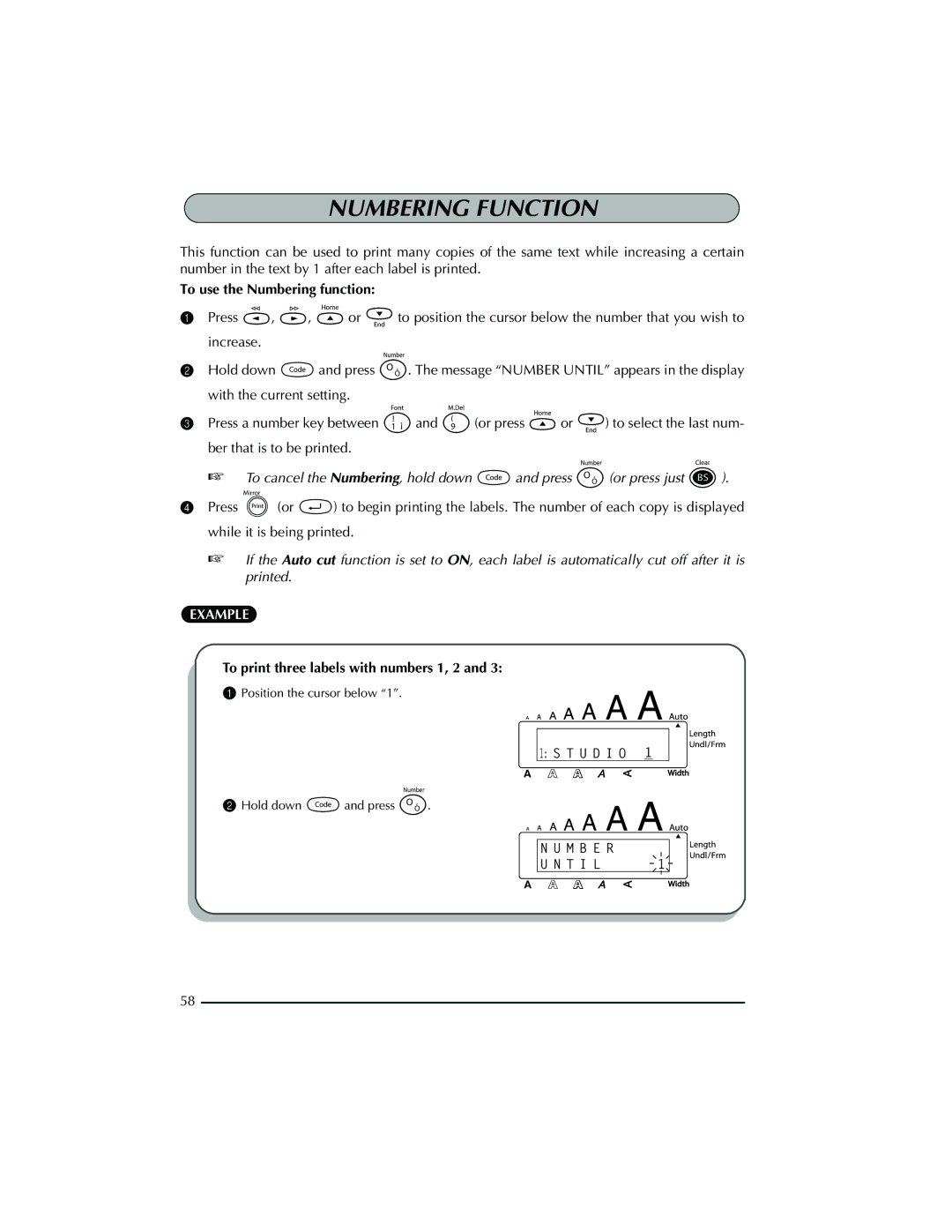 Brother PT-2300 manual Numbering Function, To use the Numbering function, To print three labels with numbers 1, 2 