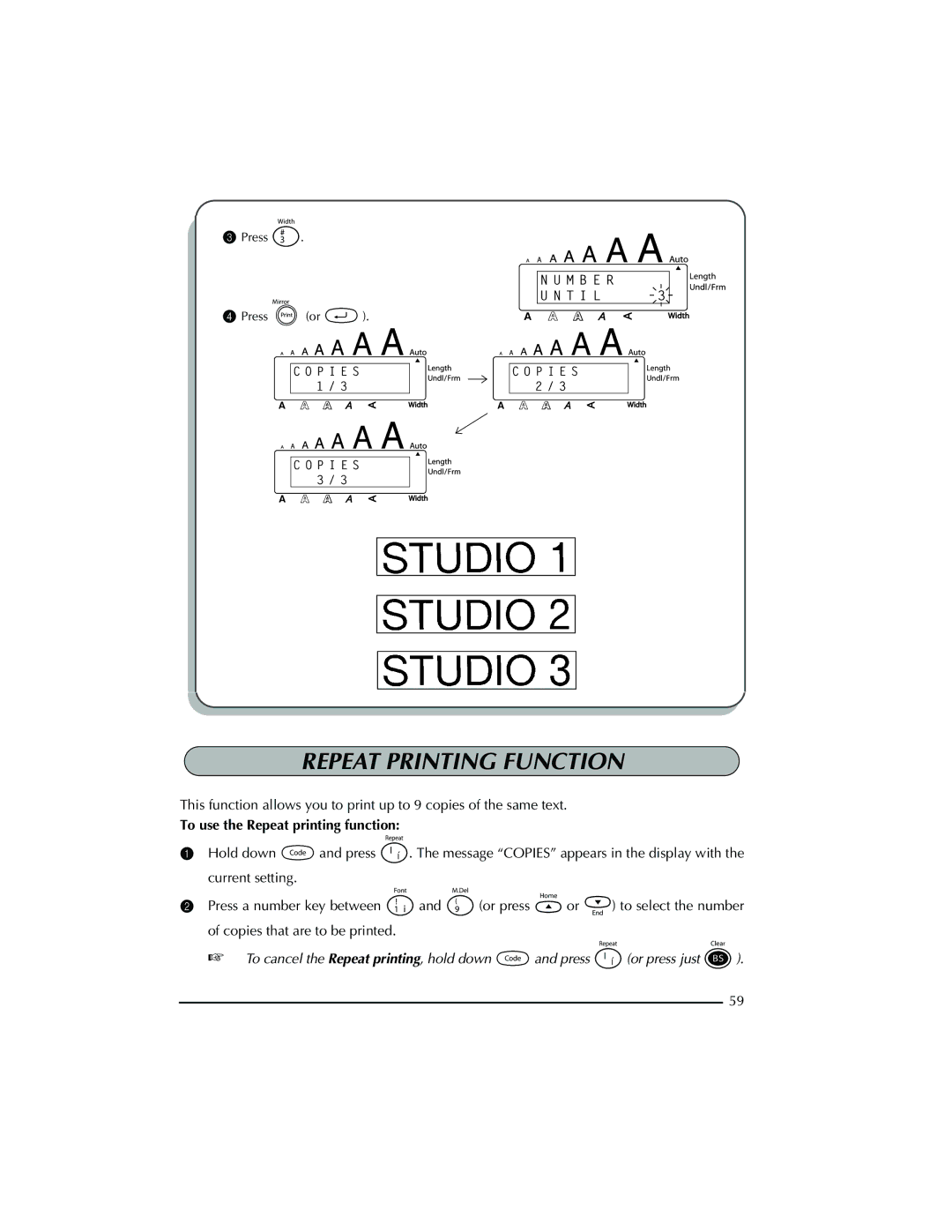 Brother PT-2300 manual Repeat Printing Function, To use the Repeat printing function 