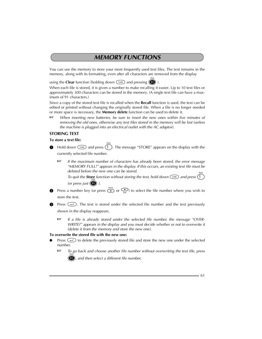 Brother PT-2300 manual Memory Functions, Storing Text, To store a text file, To overwrite the stored file with the new one 