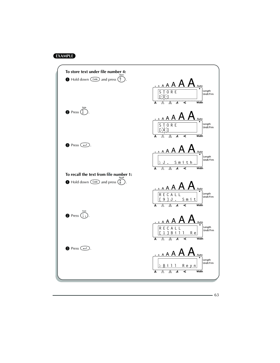 Brother PT-2300 manual To store text under ﬁle number, To recall the text from ﬁle number 